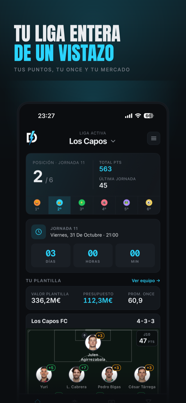 Pantalla de inicio de Draftd! con la posición en la liga, los puntos y el once alineado