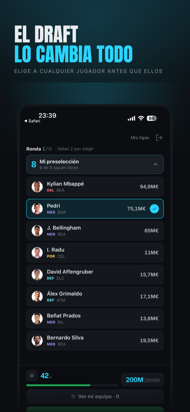 Pantalla del draft de Draftd! con la preselección de jugadores y el reloj de ronda
