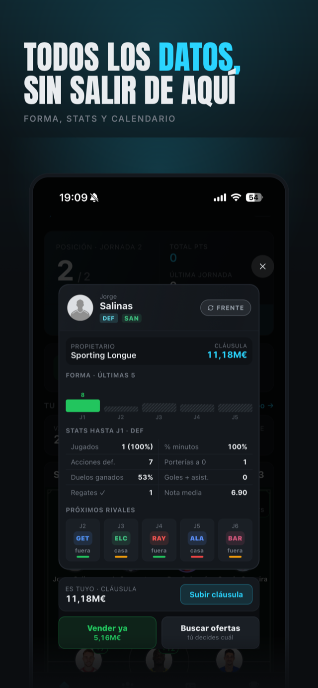 Ficha de un jugador en Draftd! con su forma reciente, estadísticas y próximos rivales