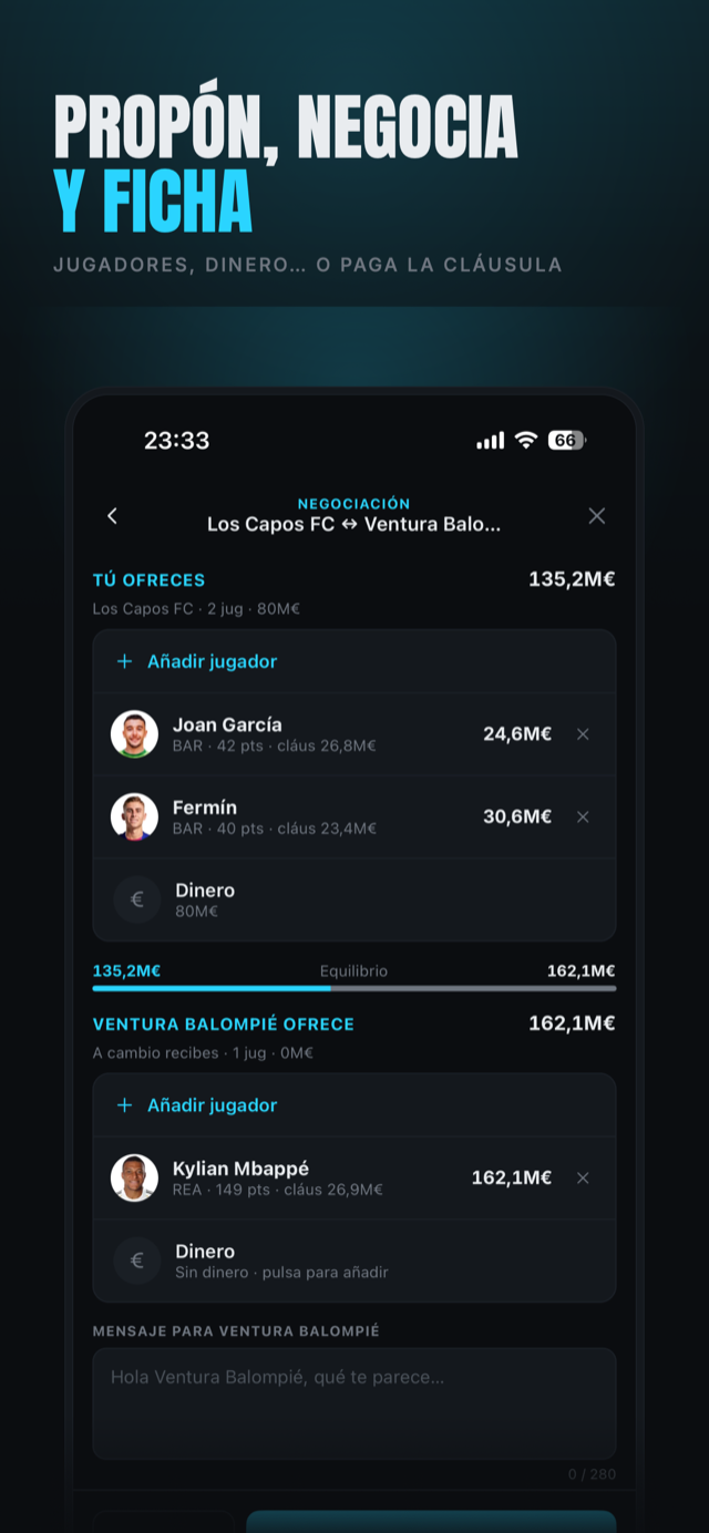 Pantalla de negociación de un traspaso en Draftd! con jugadores y dinero en la oferta