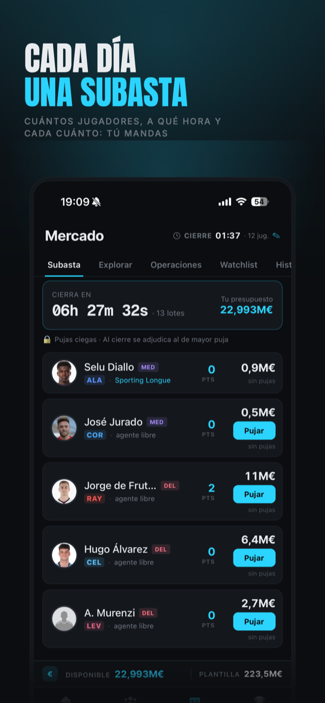 Pantalla del mercado de Draftd! con la subasta del día y el tiempo de cierre